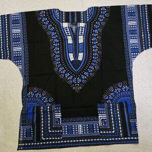 African Dashiki Shirt Men's XL Blue Colorful Tribal Hippie Top
